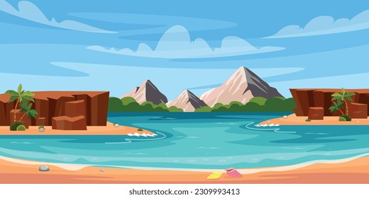 Vektorgrafik einer schönen Sommerlandschaft mit einer Meeresbucht. Cartoon-Szene einer wunderschönen Seeblick mit Felsen, Bergen, Grünflächen, Palmen, Meer und Sand mit Kies und Muscheln.