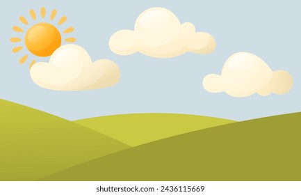 Vector illustration of a beautiful summer landscape. Green field of grass, blue sky with clouds, bright sun. Day, morning. Landscape design for banners, posters, children's books.