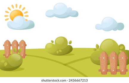 Ilustración vectorial de un hermoso paisaje de verano. Campo verde, hierba, nubes y nubes, sol brillante, arbustos y valla. Día, mañana. Diseño paisajístico para banderas, carteles, libros infantiles.