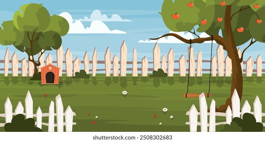 Vector illustration of a beautiful summer landscape with a swing. Cartoon scene of a rural landscape with a blue sky and clouds,a light fence, green trees, an apple tree,a swing, a dog house,flowers.