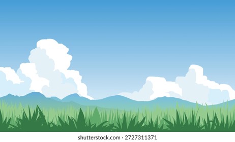 Ilustración vectorial de un hermoso paisaje de verano con un prado verde y herbáceo, distantes montañas azules y Grandes nubes mullidas blancas de cúmulo contra un cielo azul. Para el fondo texturizado de la naturaleza.