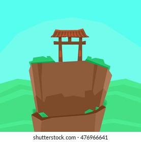 Vector illustration of a beautiful summer landscape with Japanese tori gates.