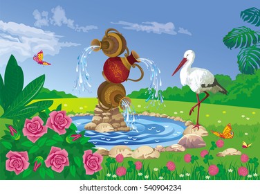 Vector illustration of beautiful summer landscape with a fountain of the three jugs and the stork