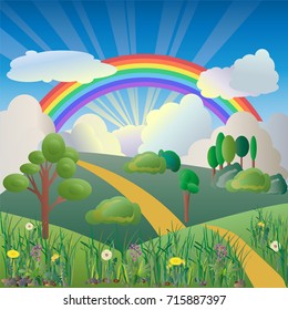 Vector illustration of a beautiful summer landscape with a rainbow, pathway to the horizon, grass and  flowers on the front. Nature background with rainbow.
