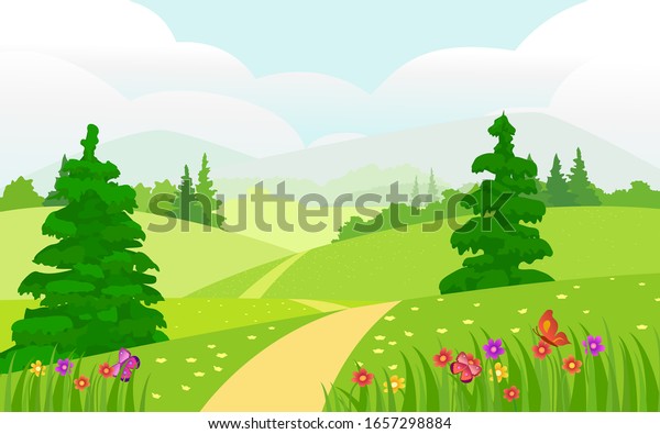 美しい夏の風景のベクターイラスト 春の風景の花と木のベクターイラスト のベクター画像素材 ロイヤリティフリー 1657298884