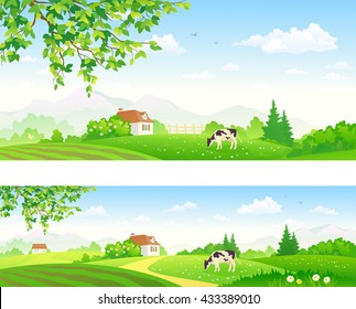 Vector illustration of beautiful summer landscapes with a grazing cow, panoramic banners