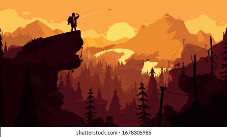 Vector illustration of a beautiful summer light mountain landscape with fog and forest. sunrise and sunset in the mountains. Sunset. Fireman on the mountain. Beautiful nature in vector. Background.