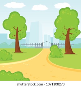 Vector illustration of a beautiful summer park, with green trees panoramic view on big modern cityscape with skyscrapers. Flat cartoon style.