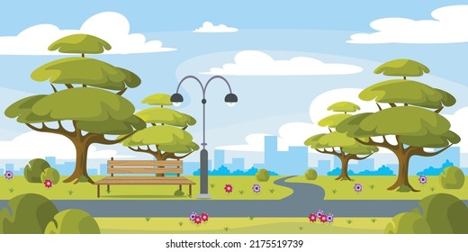 Vector illustration of a beautiful summer park. Cartoon urban landscape with trees, a bench, a path, a lantern, flowers and city in the background.