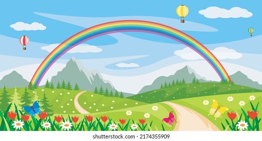 Vector illustration of a beautiful summer rainbow. Cartoon forest landscape with rainbow, fields, forests, mountains, flowers, butterflies, balloons.