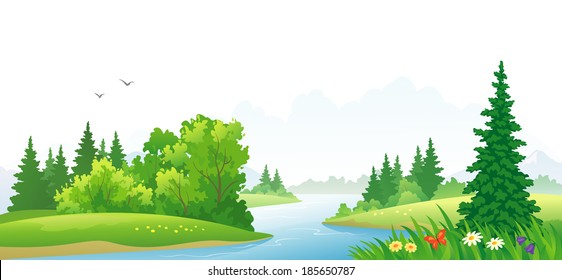 Vector  illustration of a beautiful summer river landscape
