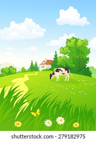 Vector illustration of a beautiful summer rural scene with a cow