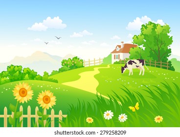 Vector illustration of a beautiful summer rural scene with a grazing cow