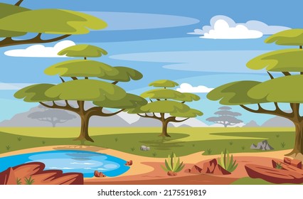 Vector illustration of a beautiful summer savannah. Cartoon African landscape with trees, mountains, lake.