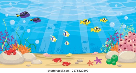 Ilustración vectorial de un hermoso fondo marino de verano. El paisaje marino de dibujos animados con peces, cangrejos, corales, algas, pez estrella, conchas.