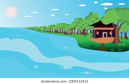 Vector illustration of a beautiful summer. sun river home and colourful tree