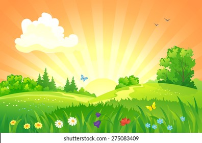 Vector illustration of beautiful summer sunset landscape