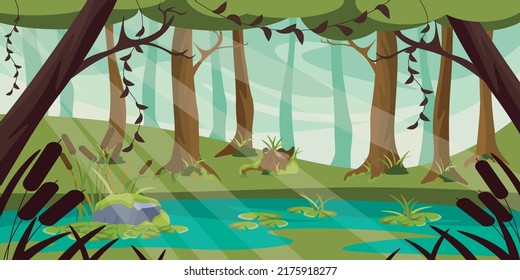Vector illustration of a beautiful summer swamp. Cartoon forest landscape with swamp, trees, reeds, stumps.