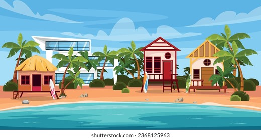 Vektorgrafik einer schönen Sommerurlaubslandschaft. Tropische Cartoon-Landschaft mit Bungalow, moderne Villa, Palmen, Surfbretter, Steine, Meer. Ferienhäuser auf einer Insel in der Nähe des Ozeans.