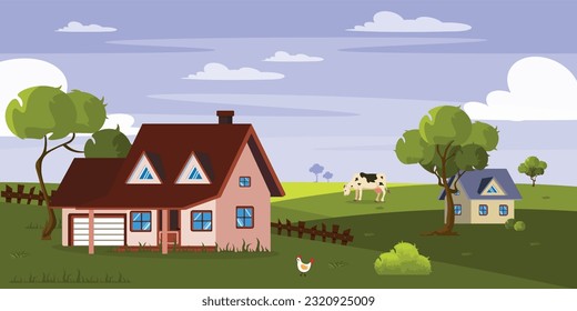 Vector illustration of a beautiful, summer village landscape. Cartoon scene with rural landscape with sky and clouds, houses, a fence, a cow grazing on a meadow, a chicken, trees, bushes, grass.