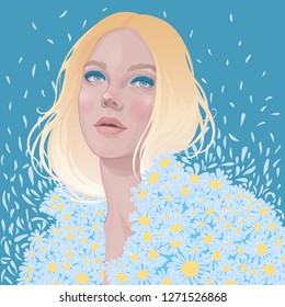 vector  illustration of a beautiful sunny blonde girl in a denim jacket of blooming daisy flowers