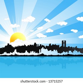 Vector illustration of a beautiful sunny happy urban landscape background with water reflection. Sun and clouds in the sky.