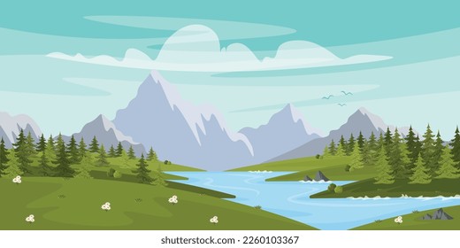 Vector illustration of a beautiful sunny mountain landscape. Cartoon summer landscape with blue sky with clouds, mountains, birds, forest, river, flowers.