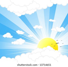 Vector illustration of a beautiful sunny sky with rays, clouds and birds.