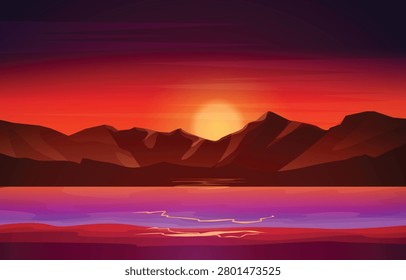 Vector illustration of a beautiful sunset behind mountain silhouettes over calm water with purple reflections