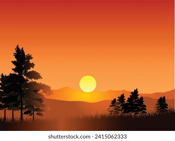 Vector illustration of a beautiful sunset. Cartoon mountain landscape 