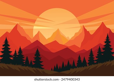 Ilustración vectorial de una hermosa puesta de sol. Paisaje montañoso de dibujos animados con un Grande lago o mar, globos, gaviotas, cielo rojo.