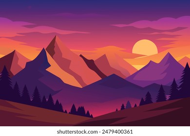 Ilustración vectorial de una hermosa puesta de sol. Paisaje montañoso de dibujos animados con un Grande lago o mar, globos, gaviotas, cielo rojo.