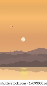 Vector illustration of a beautiful sunset in the mountains, flat design.