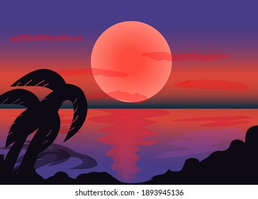 Vector illustration of a beautiful sunset on the beach. Abstraction red sun and palms

