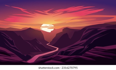 Vector illustration of beautiful sunset over canyon