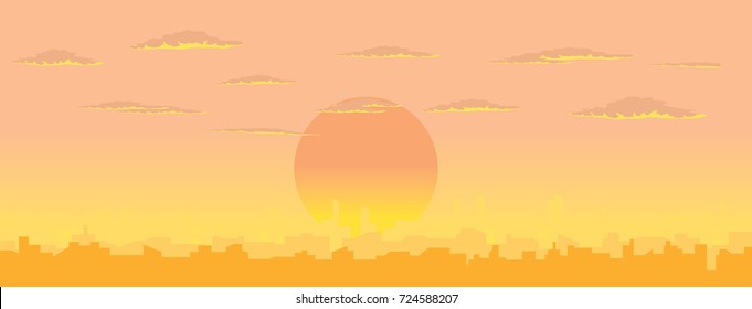 vector illustration of beautiful sunset over cityscape