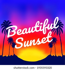 Vector illustration with beautiful sunset and palms on the beach