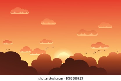 Vector illustration of beautiful sunset sky in cartoon style with clouds and flying birds .