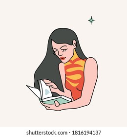 Vector illustration of beautiful super woman reading book. Study, education, work, learning. Cute image for graphic, web, book, print etc.
