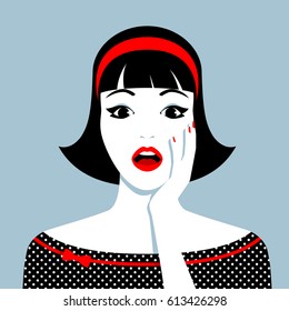 Vector illustration of the beautiful surprised girl with open mouth wearing dotted dress