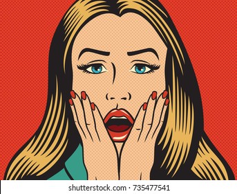 vector illustration of beautiful surprised (shocked) woman in the pop art style