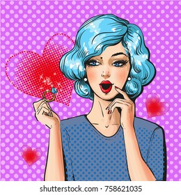 Vector illustration of beautiful surprised woman holding diamond ring. Happy pin-up girl in retro pop art comic style.