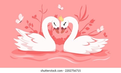 Ilustración vectorial de los hermosos cisnes. Dibujo de caricaturas de cisnes enamorados que se pararon en forma de corazón.