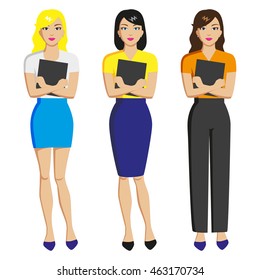 Vector illustration of a beautiful sweet girl with a folder isolated on a white background. Colorful drawing teacher student secretary. Teacher of elementary grades.