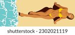 vector illustration of a beautiful tanned girl in a yellow bikini sunbathing on the beach near the sea or ocean. sea waves. view from above. elements isolated. summer holidays. summer vacations.