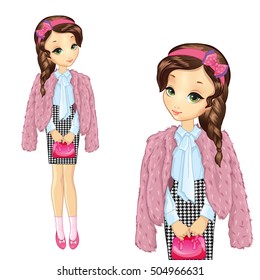 Vector illustration of beautiful teenager girl in a pink fur coat and skirt strict