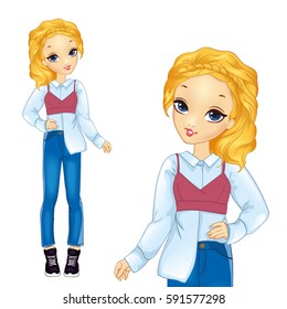 Vector illustration of beautiful teenager girl in stylish shirt and blue jeens