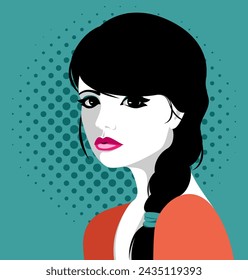 Vector illustration of the beautiful thoughtful young woman with long black braid wearing orange dress isolated against spotted background