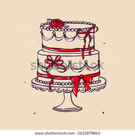 Vector illustration of the beautiful tiered wedding cakes, trendy sketch, freehand drawing and line. Vector illustration of cake for a pastry shop, isolated logo on the background.