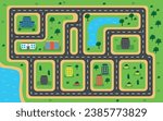 Vector illustration of a beautiful top view road map. Cartoon scene of children